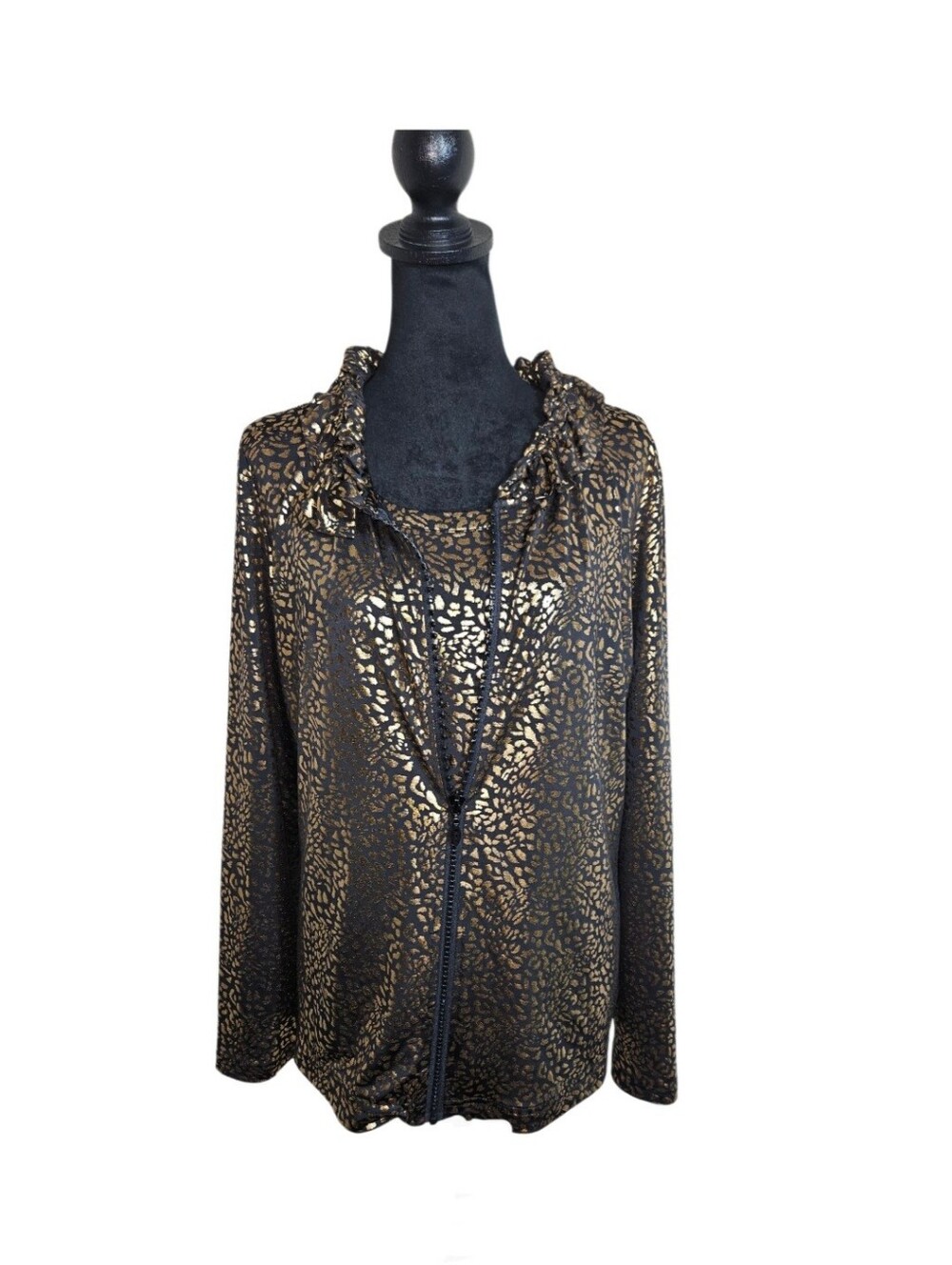 Vintage 90s Berek Gold Foil Animal Print Ruffle  Black Cardigan &Tank Set Size L